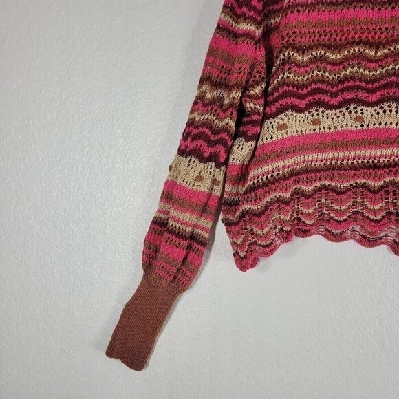 Zara Cropped Knit Sweater Women Size Large Pink Stripes Scallop Hem Boho Hippie - Picture 9 of 11